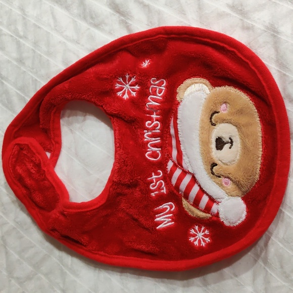 My first Christmas bundle Plaid footie Zip up pajamas teddy bear booties and bib - Picture 3 of 4